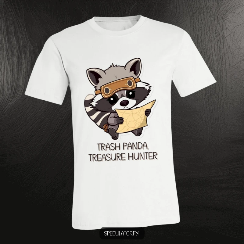 Funny raccoon t-shirt with a mask, intently studying a treasure map, showcasing a determined and adventurous spirit. An excellent funny gift.