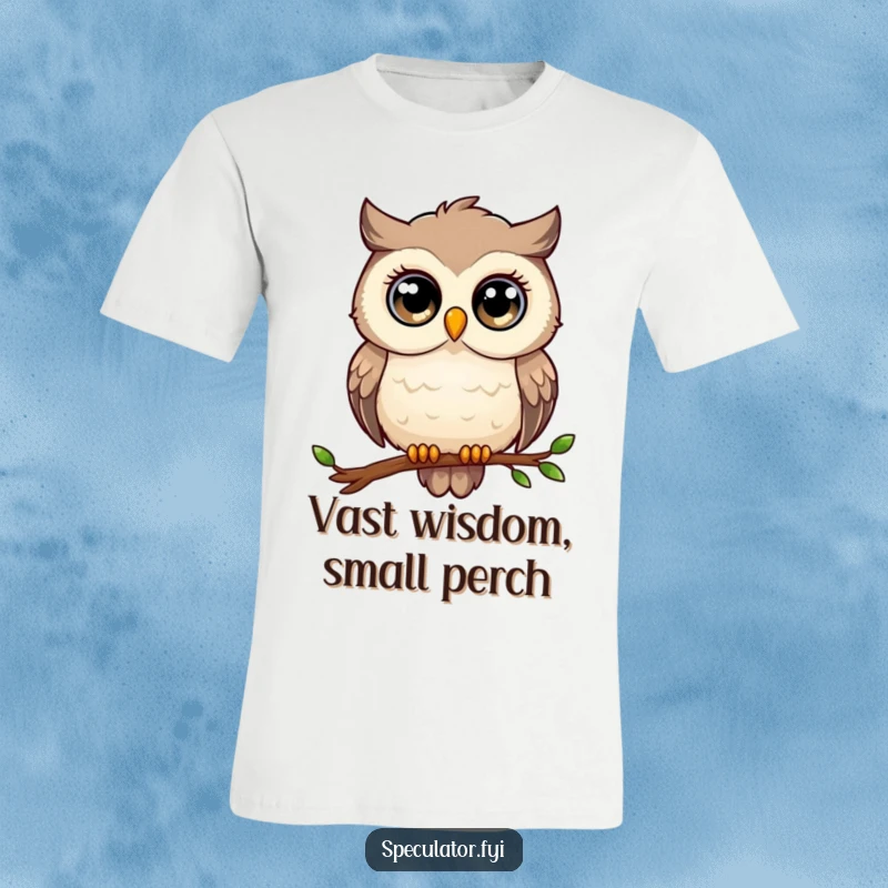 Funny owl t-shirt, large eyes, perched, gazing into the distance, ideal for thinkers and humor lovers.
