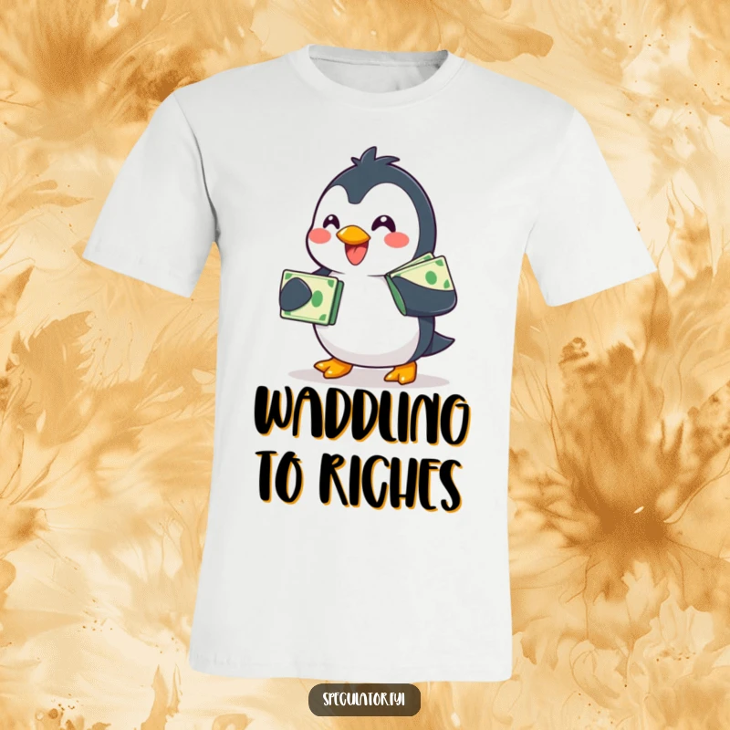 Funny smiling penguin t-shirt, waddling with a tall stack of bills, a humorous apparel design for earners.