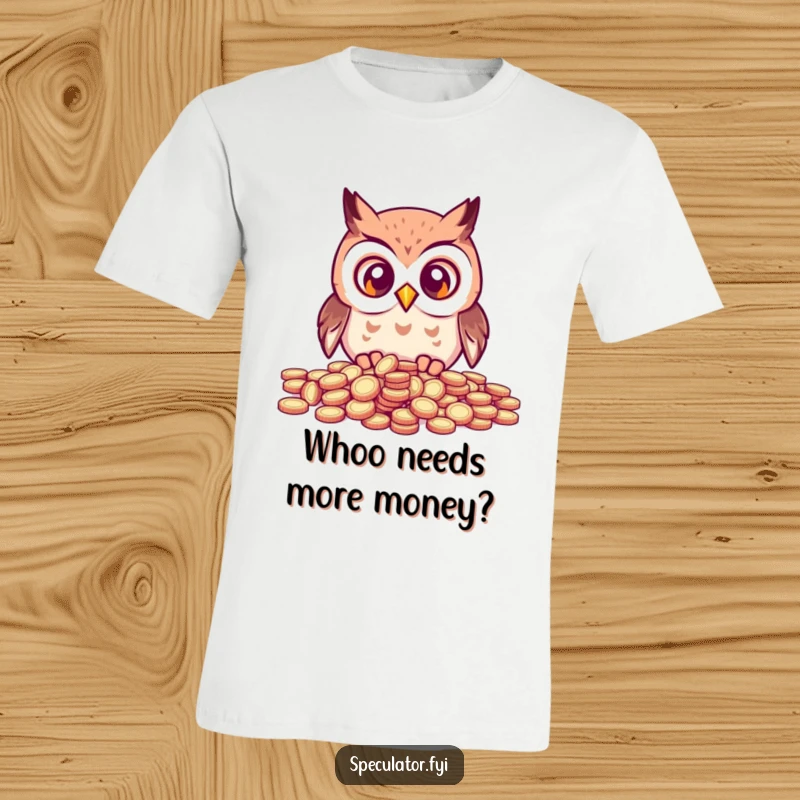 Funny kawaii owl with wide eyes, captivated by a pile of coins, printed on a whimsical and humorous t-shirt.