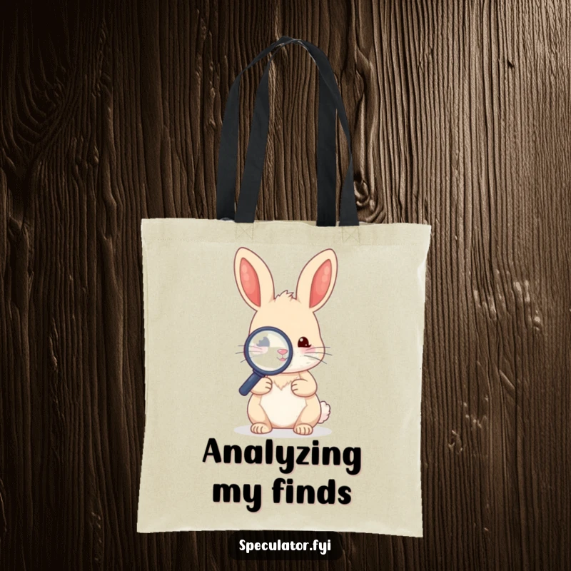 Funny kawaii rabbit character holding a magnifying glass over a small object in a tote bag.