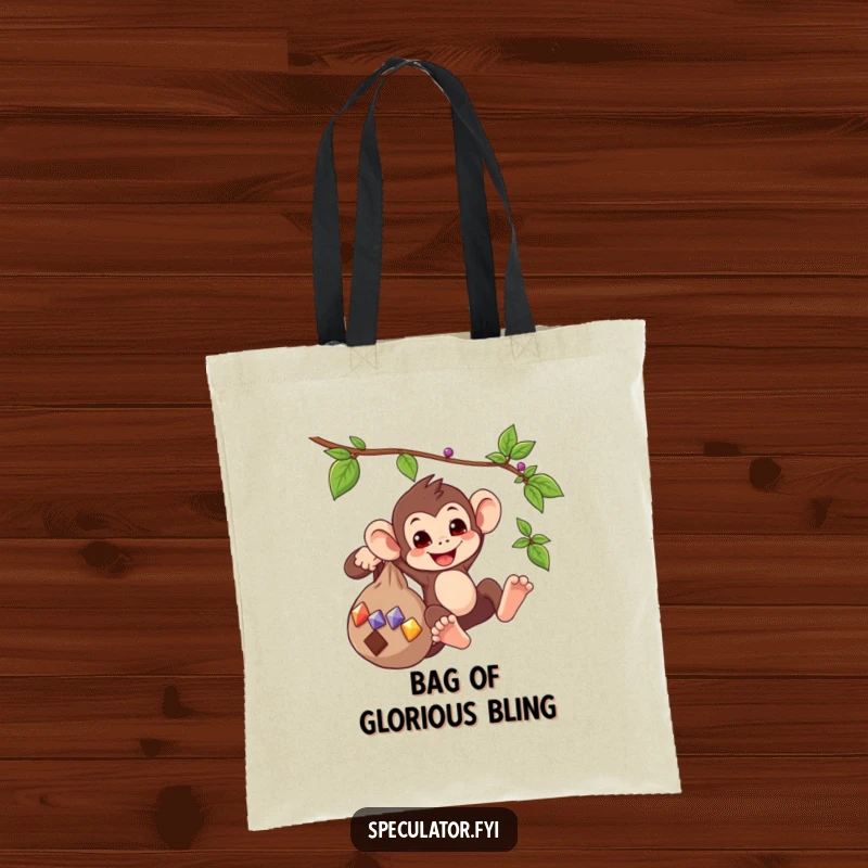 Funny tote bag showing a playful monkey swinging from a vine with a bag of sparkling gems, a whimsical and useful item.