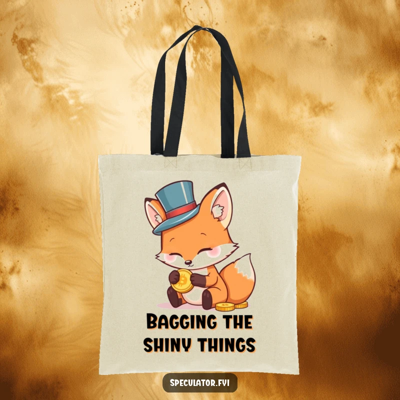 Funny tote bag depicting a dapper fox in a small top hat, shrewdly examining a gold coin, a stylish accessory.