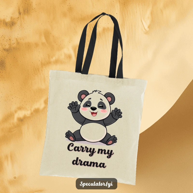 Funny Tote Bag with a smiling panda performing a dramatic pose, ideal for carrying items with artistic and humorous flair.