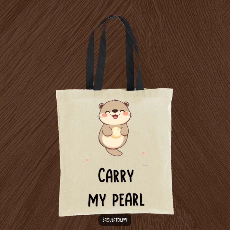 Funny otter tote bag with a happy character floating on its back, holding a pearl, for stylish carrying.