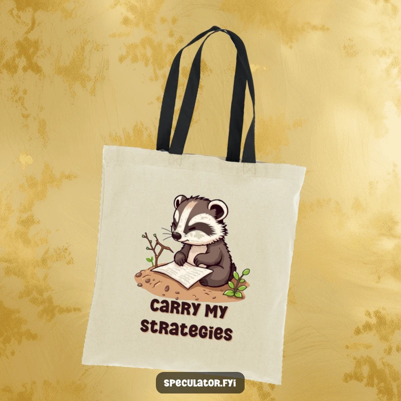Funny thoughtful badger character tote bag sketching a plan in the dirt with a twig, practical for carrying items with strategic charm.