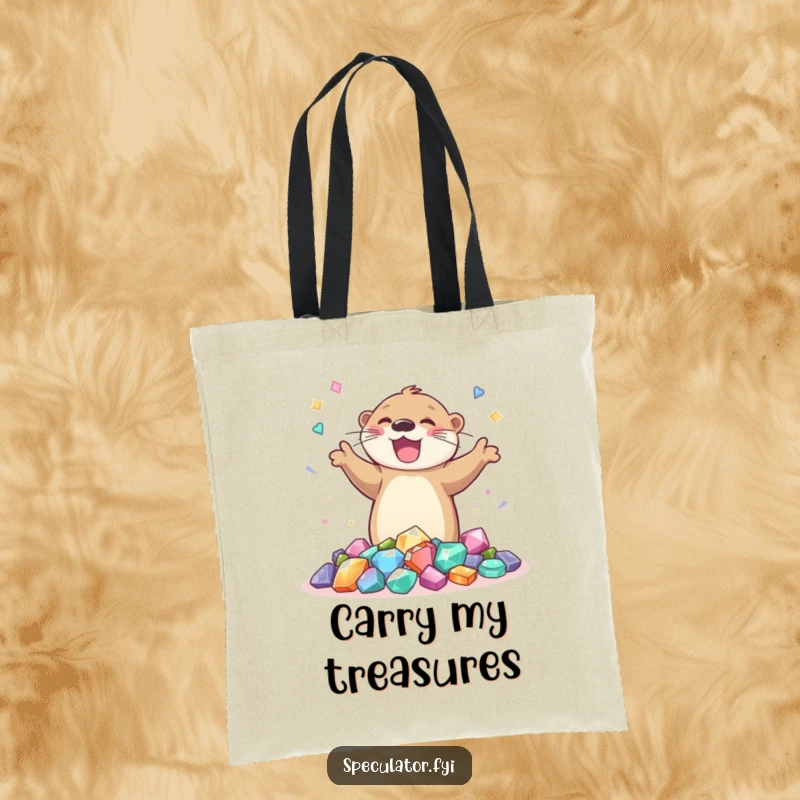 Funny tote bag with a joyful otter dancing around sparkling gems, a practical and cheerful accessory for everyday use.