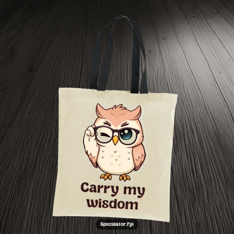 Funny Tote Bag with a proud owl adjusting spectacles and winking, ideal for carrying essentials with a touch of intellectual humor.