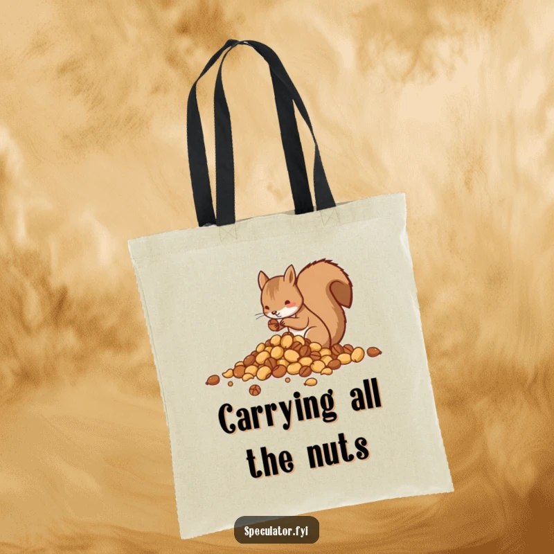 Funny tote bag showing a squirrel carefully sorting nuts into different piles, a whimsical and practical item.
