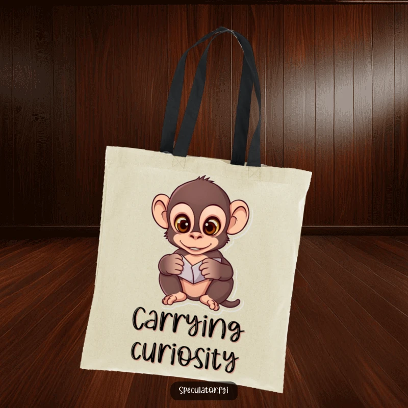 Funny tote bag with a clever monkey observing patterns, a humorous accessory for carrying books and essentials.