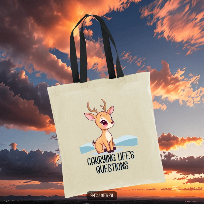 Funny kawaii deer tote bag, depicting a thoughtful deer looking at a distant horizon, perfect for everyday use.
