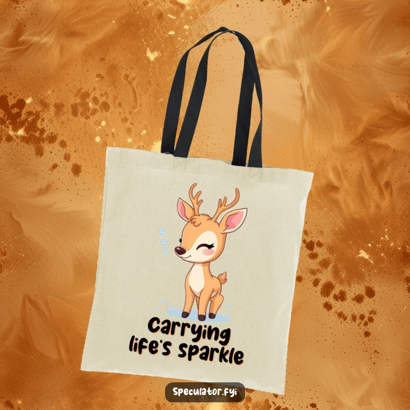 Funny tote bag showcasing a delighted deer mesmerized by a dewdrop, symbolizing mindfulness and the beauty found in small natural details.