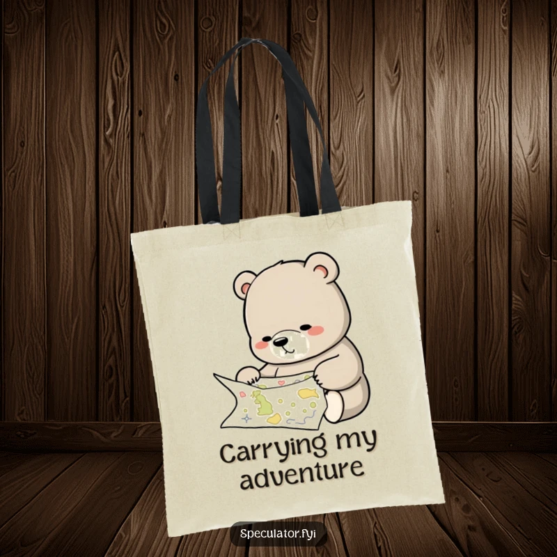 Funny tote bag showing a thoughtful bear studying a complex map, a whimsical and useful item for planners.