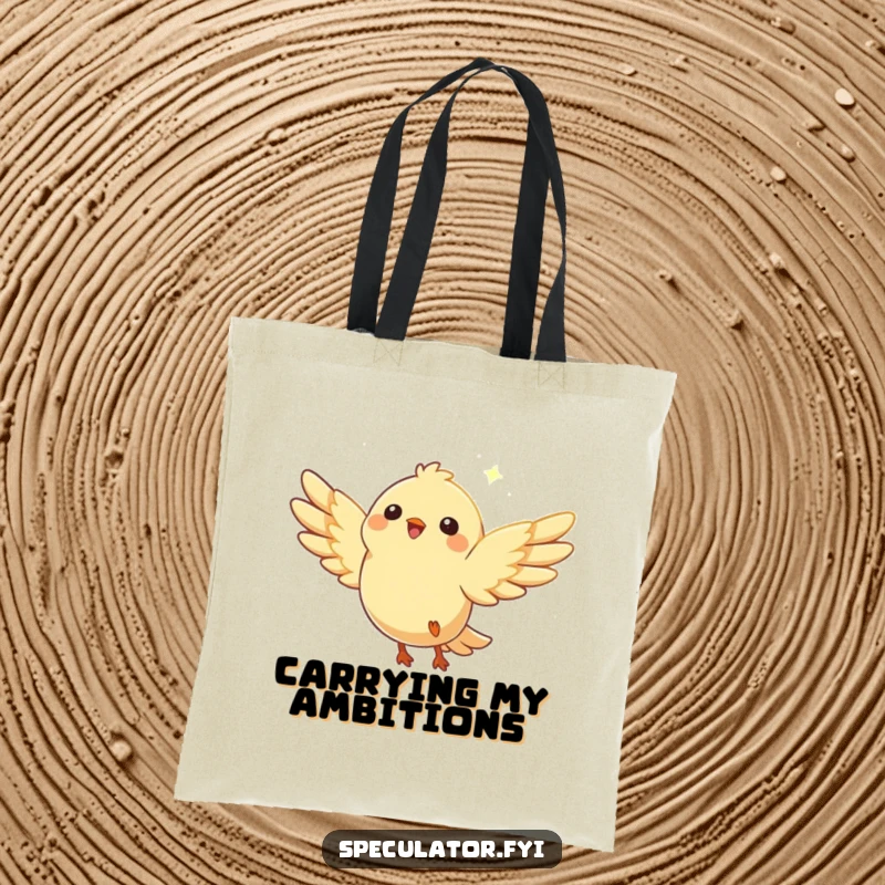 Funny bird tote bag featuring a happy character with wings spread, soaring with purpose towards a bright, distant glimmer.