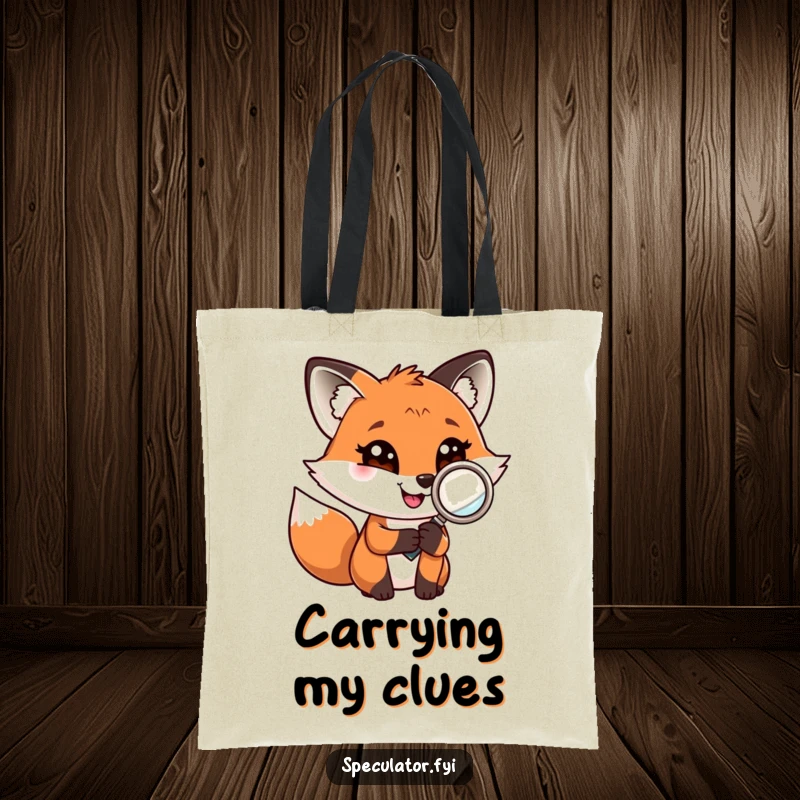 Funny fox with a confident grin and magnifying glass on a tote bag, symbolizing curiosity and playful investigation.