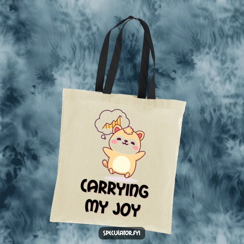 Funny Kawaii animal tote bag bouncing with a rising graph, for carrying essentials and as a funny gift.