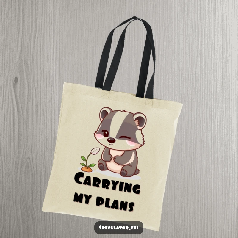 Funny Badger Tote Bag: A winking badger watches a sprouting seed on a tote bag, perfect for gardeners.