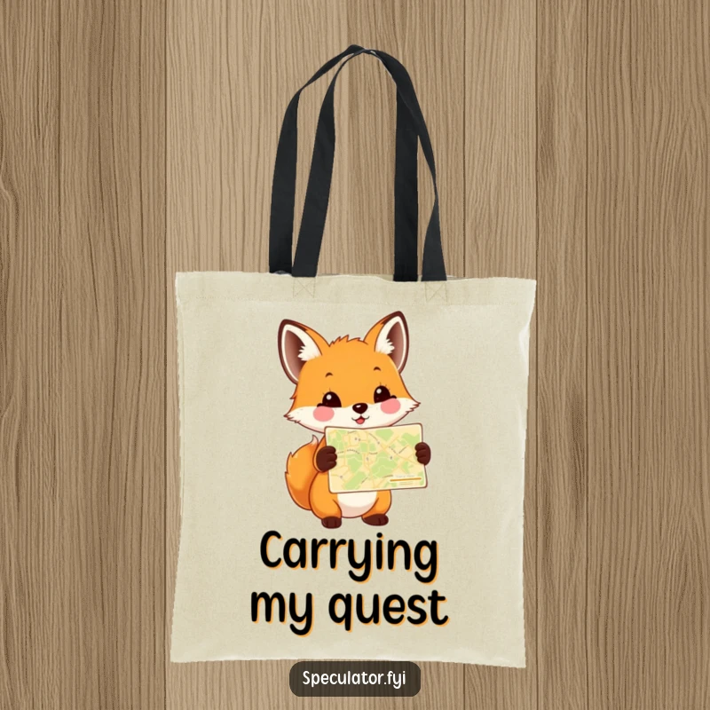 Funny Fox Cub Map Tote Bag showing a happy cub holding a tiny map, perfect for carrying essentials with a sense of adventure and humor.