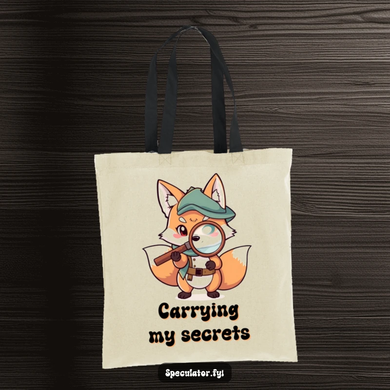 Funny fox tote bag with a scheming character examining a map with a magnifying glass, ideal for organized travels.