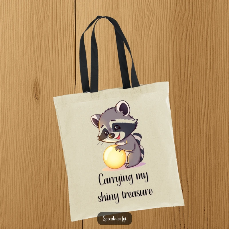 Funny happy raccoon examining a mysterious, glowing orb on a tote bag, humorous and practical accessory.