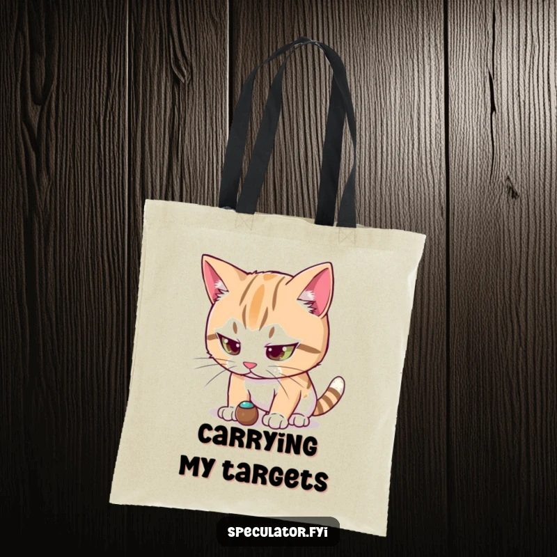 Funny cat character tote bag intensely focused on a small moving object, practical for carrying items with a humorous feline vibe.