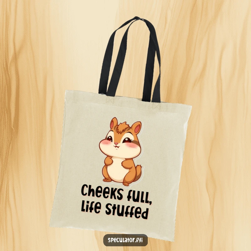 Funny chipmunk tote bag, cheeks puffed, looking around with wonder, great for humorous and cheerful carrying.