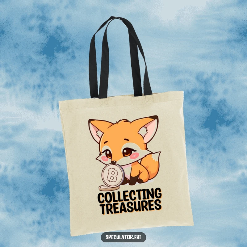Funny fox tote bag, curious character watching a spinning coin, durable and spacious, great for shopping.