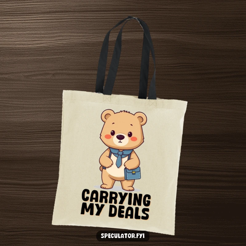 Funny tote bag with a confident bear cub carrying a briefcase, a humorous accessory for professionals heading to work.