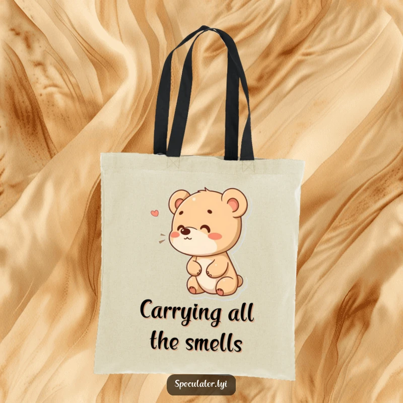 Funny tote bag featuring a small bear cub with a curious expression, sniffing the air, perfect for carrying goods with a touch of innocence. A great funny gift.