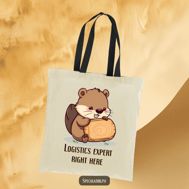 Funny Beaver tote bag, a busy beaver character inspecting a log, perfect for shopping and daily use.