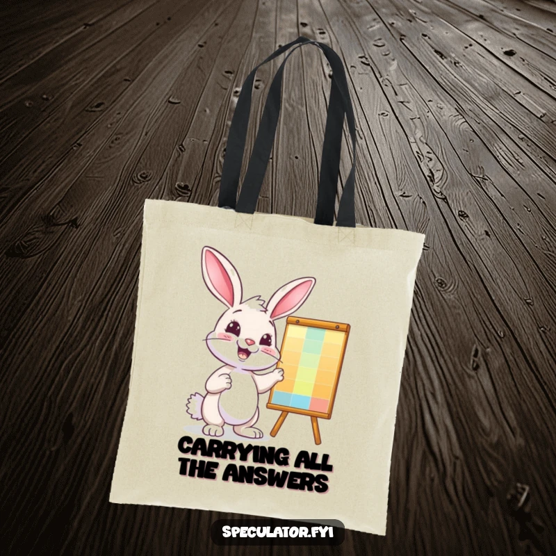 Funny bunny tote bag, pointing confidently at a bright, detailed chart, great for business or fun.