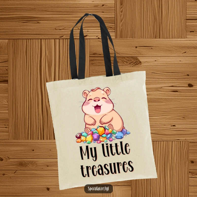 Funny capybara tote bag with a joyous character relaxing near a pile of jewels, ideal for stylish shopping.
