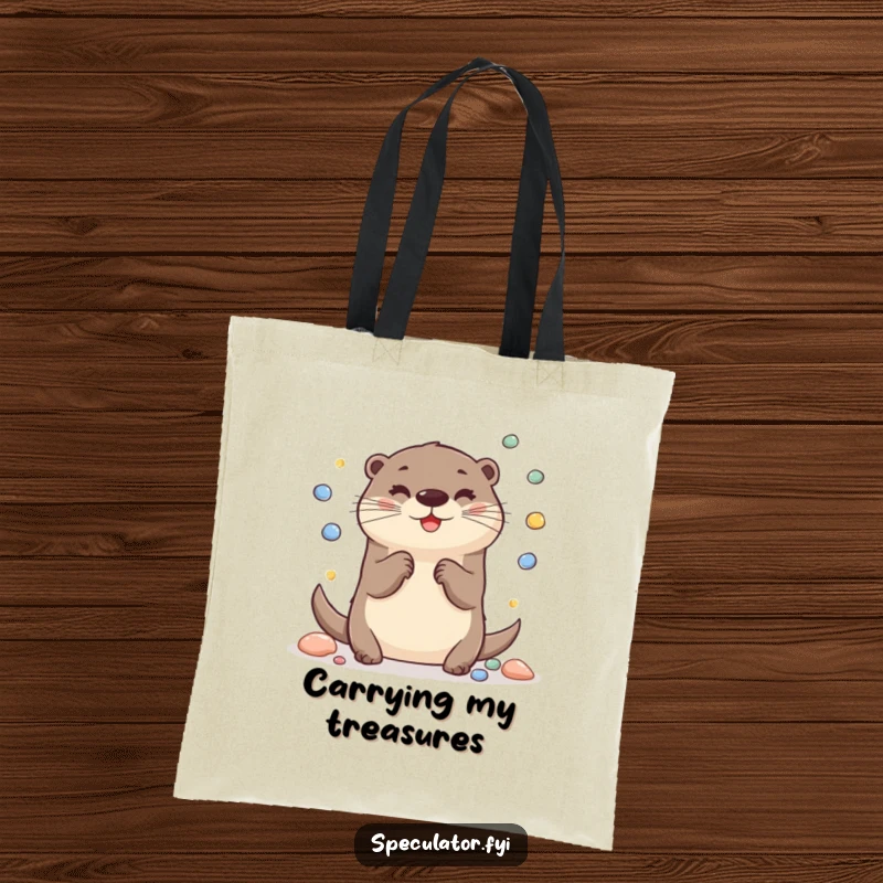 Funny Otter Tote Bag: A cheerful otter juggles shiny pebbles on a tote bag, perfect for fun and practical use.