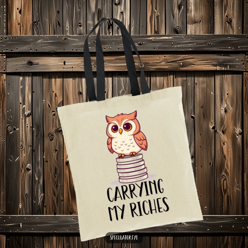 Funny tote bag featuring a curious owl perched on a stack of coins, symbolizing smart investing and a keen eye for value.