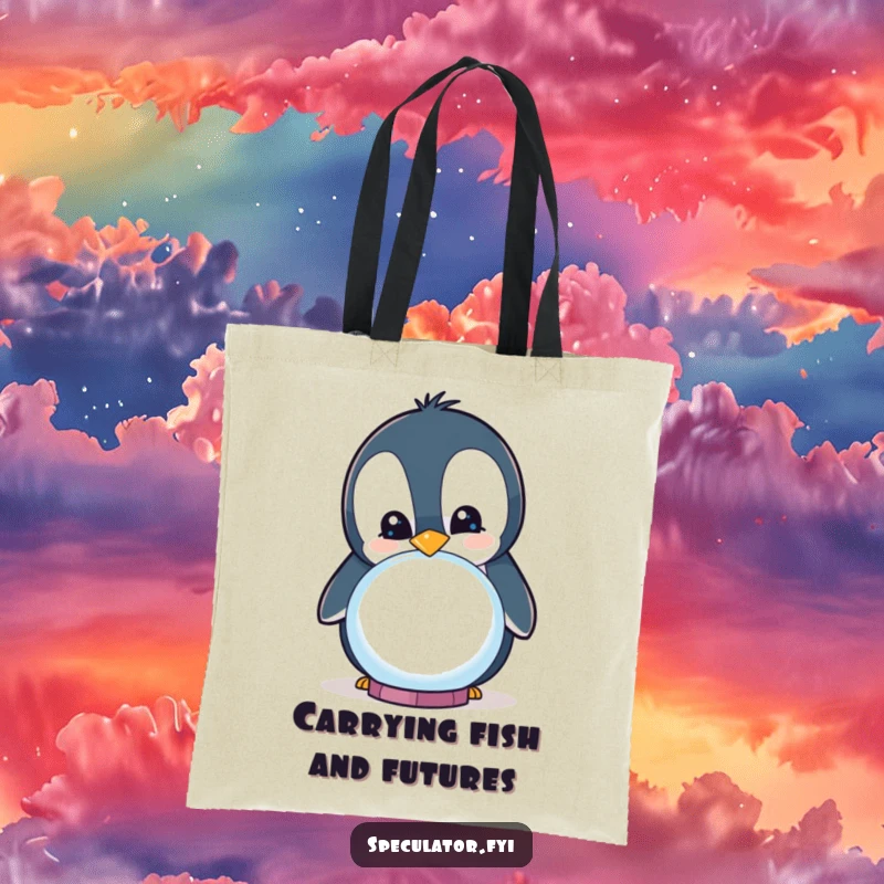 Funny curious penguin smiling while peering into a crystal ball on a tote bag, humorous and practical accessory.