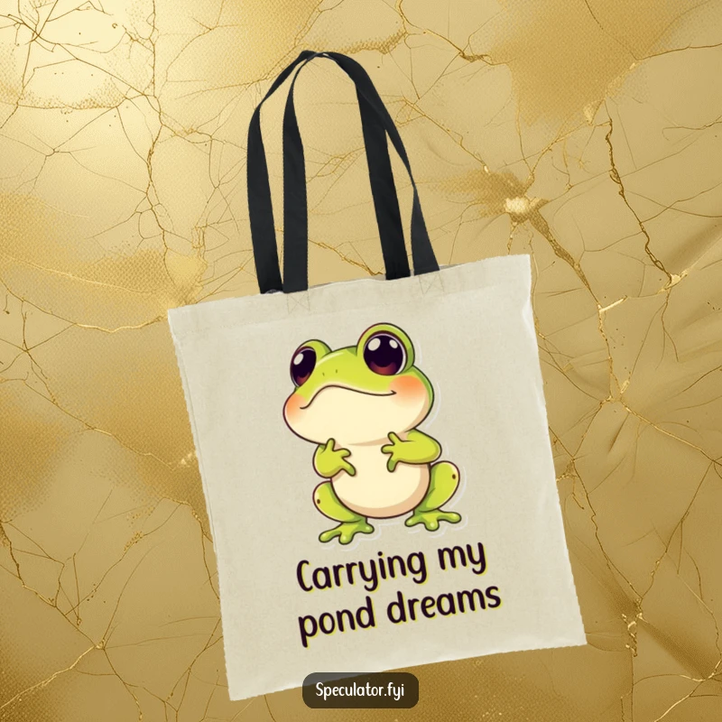 Funny tote bag featuring a hopping frog character gazing speculatively upwards, offering a humorous and practical accessory.
