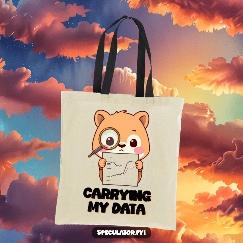 Funny Kawaii animal tote bag, wearing a tiny monocle and peering intently at a chart, practical and intellectually amusing.