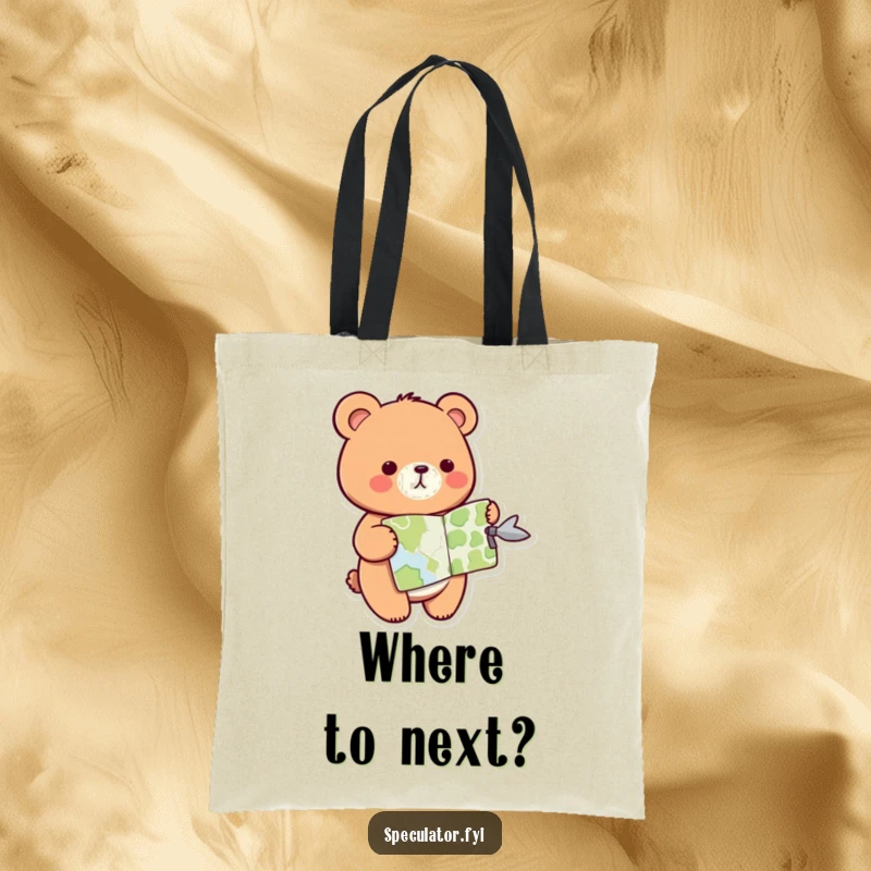 Funny kawaii bear tote bag, holding a map and pointing the way, perfect for shopping and travel.
