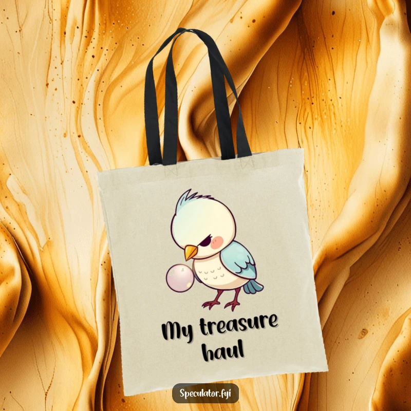 Funny tote bag illustrating a kawaii bird's deep concentration on a shiny button, a humorous and practical accessory.