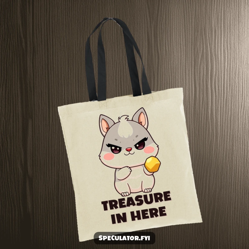 Funny Kawaii animal tote bag with sly wink holding a golden nugget, for carrying treasures and as a funny gift.