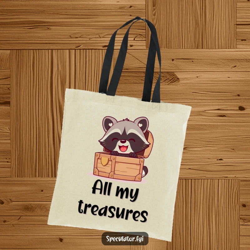 Funny kawaii raccoon tote bag, peeking into a treasure chest with glee, ideal for carrying everyday items humorously.