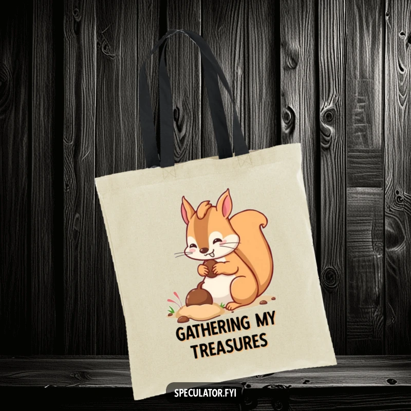 Funny kawaii squirrel character with a sly smile burying a nut in a tote bag.