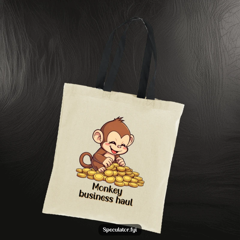 Funny cheeky monkey tote bag, gleefully counting coins, a humorous and functional accessory.