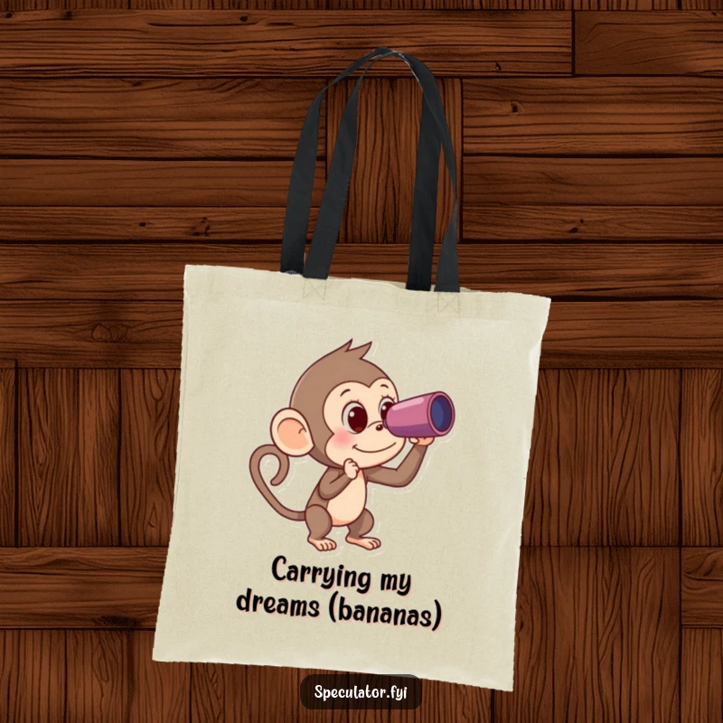 Funny Monkey Tote Bag: a curious monkey with a spyglass looking for a banana, showcasing a humorous and purposeful carry-all.