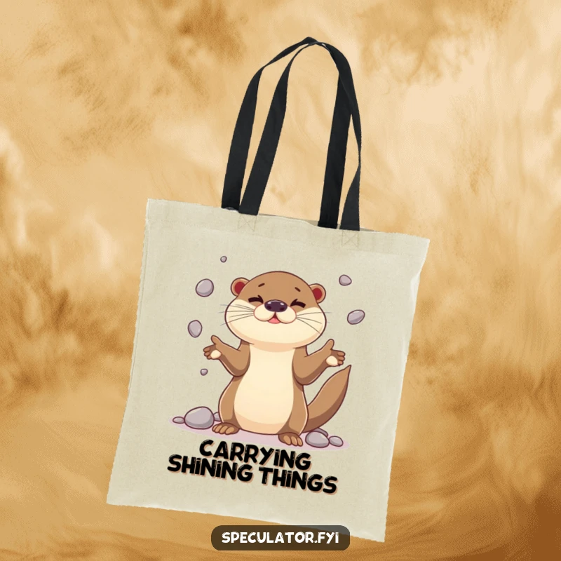 Funny playful otter character tote bag juggling shiny pebbles with impressive dexterity, practical for carrying items with aquatic charm.