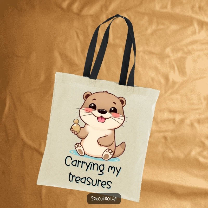 Funny tote bag featuring a lively otter with a playful grin, tossing a shiny pebble, perfect for daily use with a humorous touch. A great funny gift.