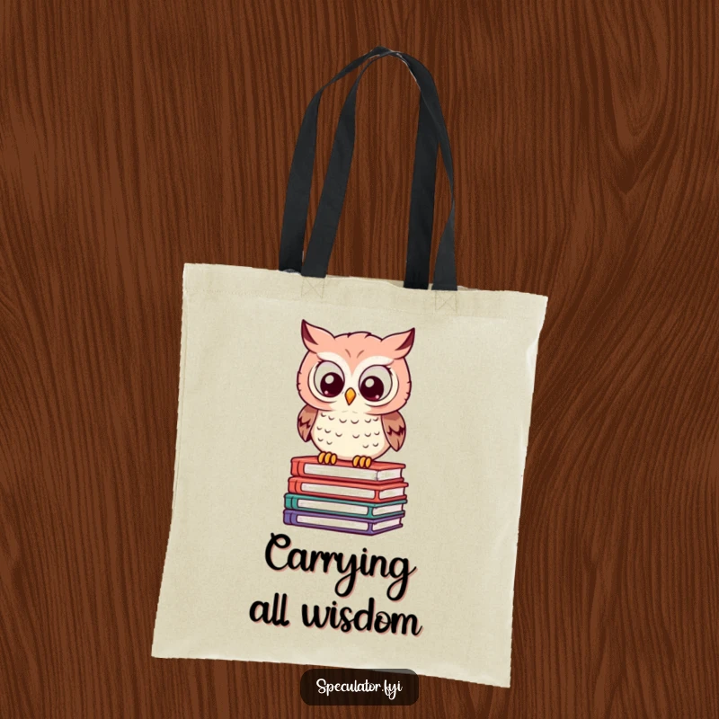 Funny Owl Tote Bag: a clever owl examines books with calculation, providing a humorous and practical carry-all.