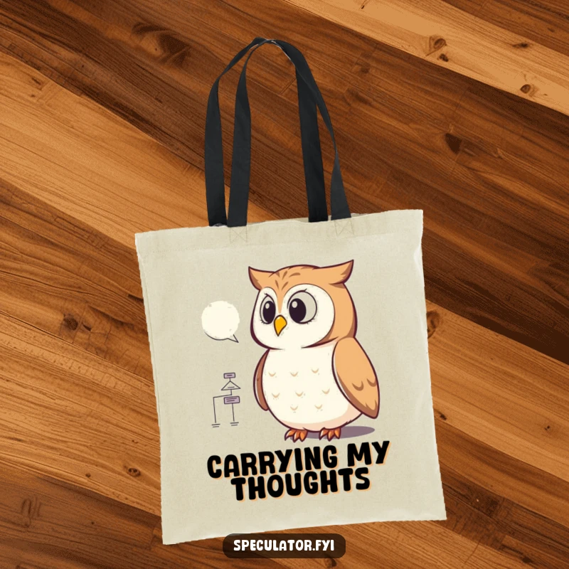 Funny owl flowchart tote bag showing a bird contemplating a maze-like diagram, a chic and humorous accessory for the intellectually inclined.