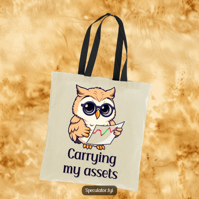 Funny owl with a monocle analyzing stock charts on a stylish tote bag, symbolizing smart investing and humor.