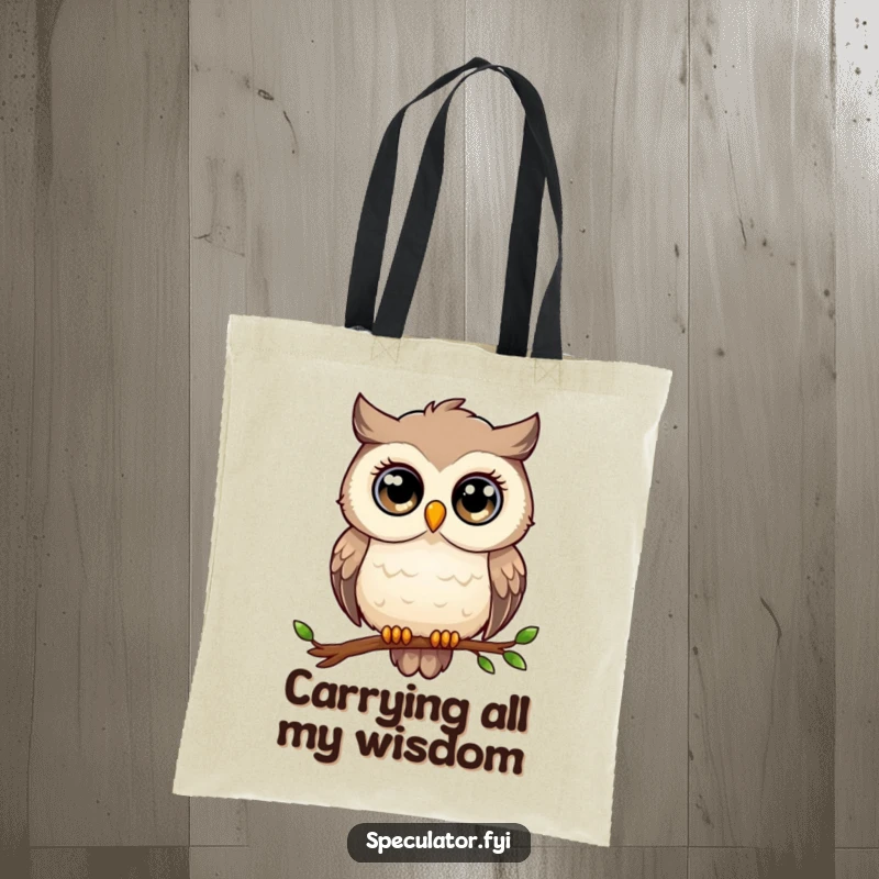 Funny owl tote bag, large eyes, perched, gazing into the distance, great for humorous and wise carrying.